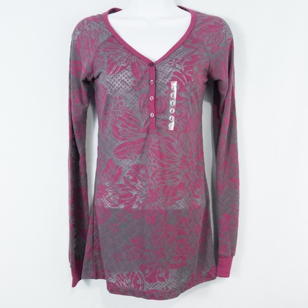 Vintage Y2K Daytrip Floral Burnout V Neck‎ Henley Top Juniors Large Sheer Grunge